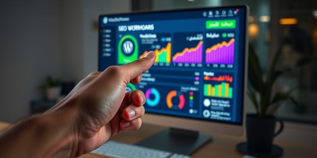 A hand pointing at a WordPress dashboard screen highlighting SEO performance metrics in Persian, with keywords ranking graphs and mobile responsiveness indicators.
