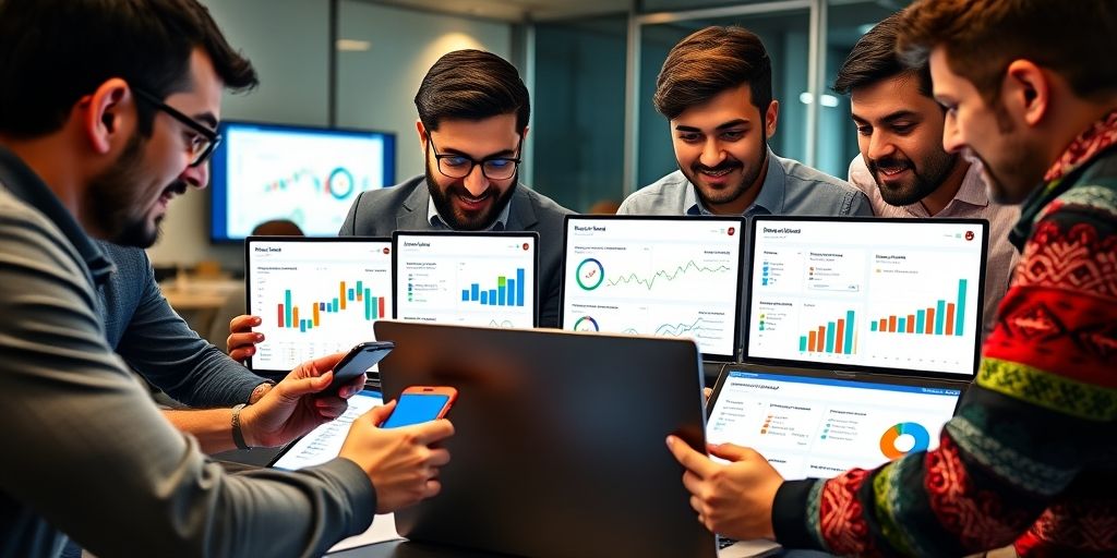 A diverse team of Persian marketers analyzing email campaign metrics on a laptop and mobile devices, with colorful data visualizations and open email templates visible on the screens.