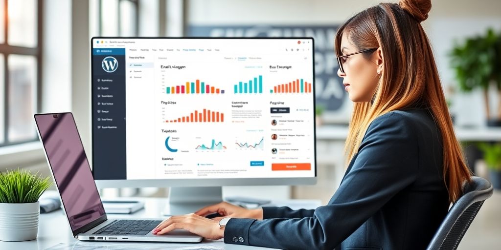 A Persian businesswoman creating an email newsletter using a WordPress dashboard, showing email design tools, subscriber analytics, and a calendar with campaign scheduling dates.