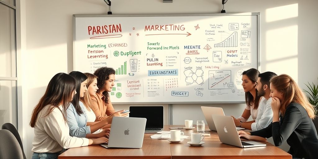 A diverse team of young entrepreneurs brainstorming around a whiteboard covered in Persian marketing slogans and growth charts, with laptops and coffee cups on the table, conveying collaboration and innovation.