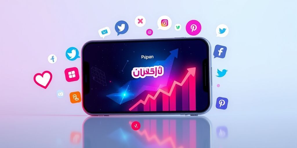 A smartphone screen displaying a Persian startup app with viral marketing notifications, surrounded by social media icons and upward trending graphs in vibrant colors.