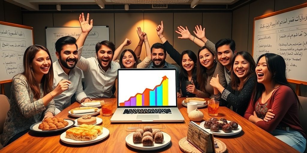 An Iranian startup team celebrating success with a laptop showing rising sales graphs, traditional Persian sweets on the table, and whiteboards filled with Farsi marketing strategies.