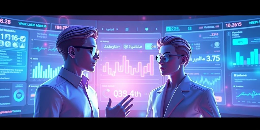 A conceptual 3D illustration showing two digital avatars analyzing social media dashboards on transparent screens, with Persian text overlays and engagement metrics floating in the background.