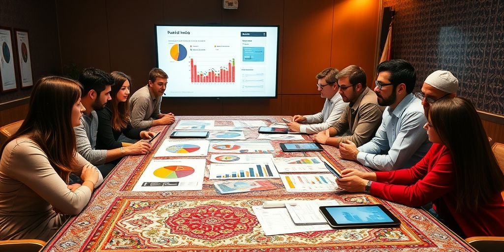 A diverse team of marketers collaborating around a table covered with colorful Persian-style charts, infographics, and mobile devices showing social media analytics.
