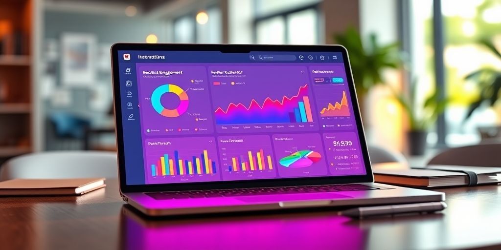 A modern digital dashboard on a laptop screen displaying colorful graphs and charts related to social media analytics, including engagement rates, follower growth, and post reach. The background shows a blurred office environment with a notebook and pen nearby, symbolizing data-driven decision making.