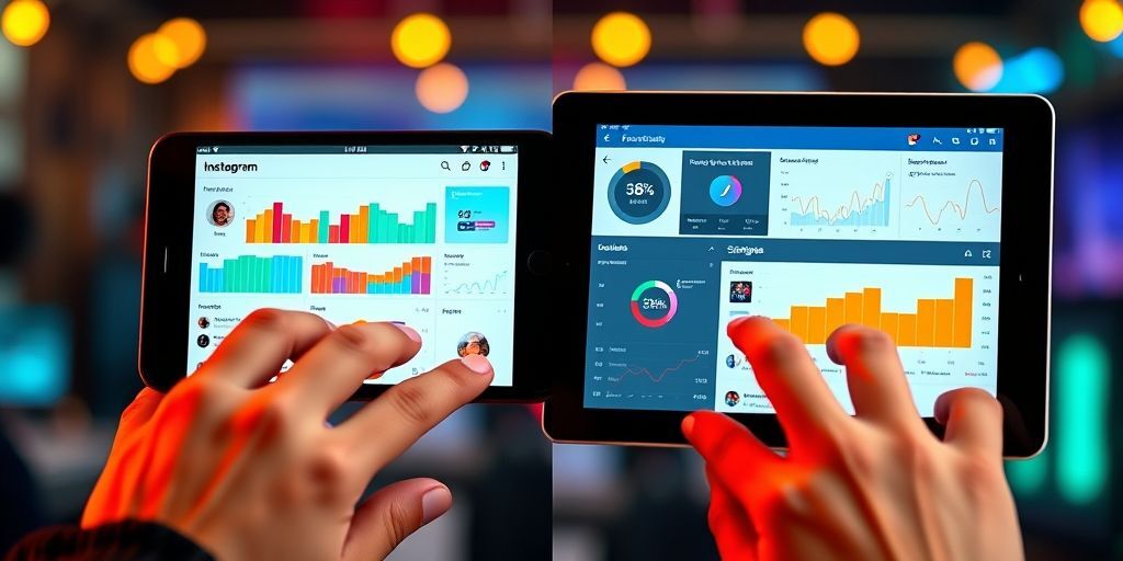 A split-screen image showing a smartphone displaying Instagram analytics on one side and a tablet showing Facebook Insights on the other, with colorful graphs and engagement metrics visible. Hands are interacting with both devices, symbolizing multi-platform social media management.