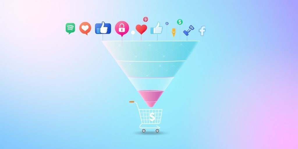 A funnel graphic transitioning from social media icons at the top (likes, shares) down to a shopping cart and dollar sign at the bottom, visually representing the conversion journey from engagement to sales on social media.