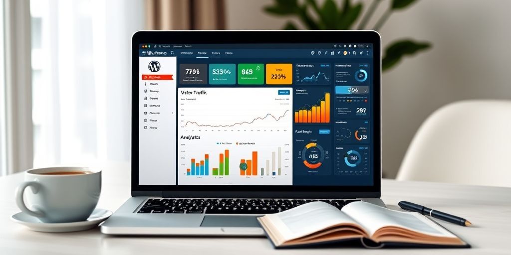 A modern, sleek WordPress dashboard on a laptop screen, displaying colorful charts and graphs representing website traffic, user engagement, and conversion rates, with a cup of coffee and notebook beside it, conveying a professional yet approachable business analytics environment.