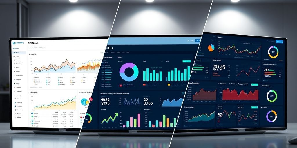 A split-screen image showing three popular WordPress analytics plugin dashboards side by side: MonsterInsights, Jetpack Stats, and ExactMetrics, highlighting their key metrics and visual reports in a clean, modern interface.