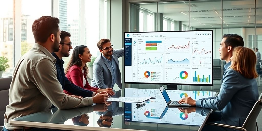 A diverse group of business professionals collaboratively discussing data on a large screen displaying a WordPress analytics dashboard, representing teamwork and data-driven decision making in a modern office setting.