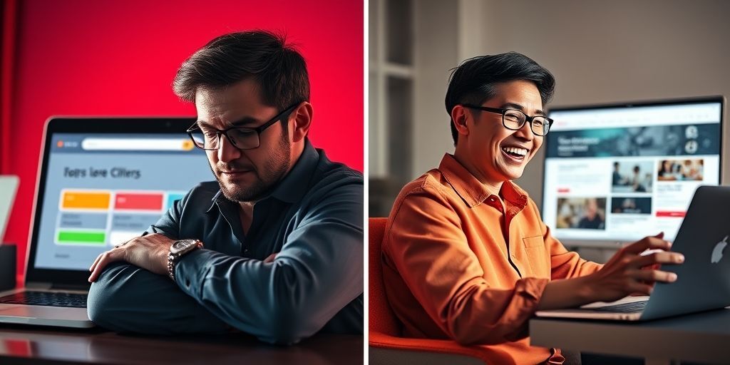 A split-screen comparison showing a slow-loading WordPress website on the left with a frustrated user, and a fast-loading website on the right with a happy user browsing seamlessly, highlighting the impact of speed on user experience.