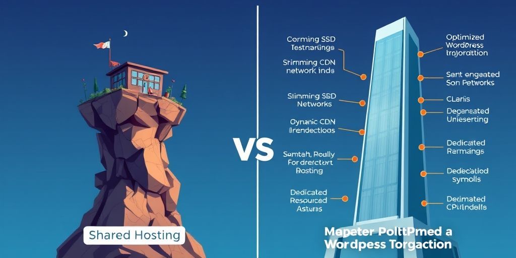 A visual metaphor showing a WordPress site built on a shaky foundation (shared hosting) versus a solid, high-performance foundation (optimized WordPress hosting), with clear labels highlighting features like SSD, CDN, and dedicated resources.