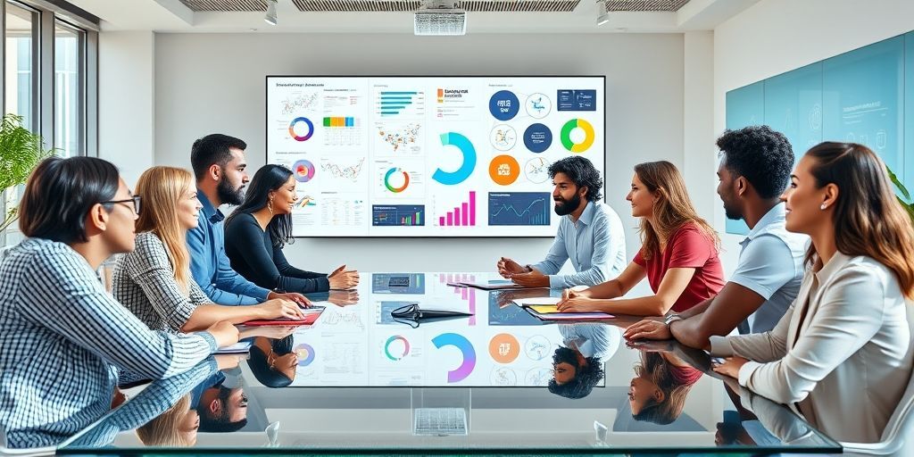 A diverse group of startup founders discussing business models around a modern glass table, with charts and graphs visible on a large screen in the background, conveying collaboration and strategic planning.
