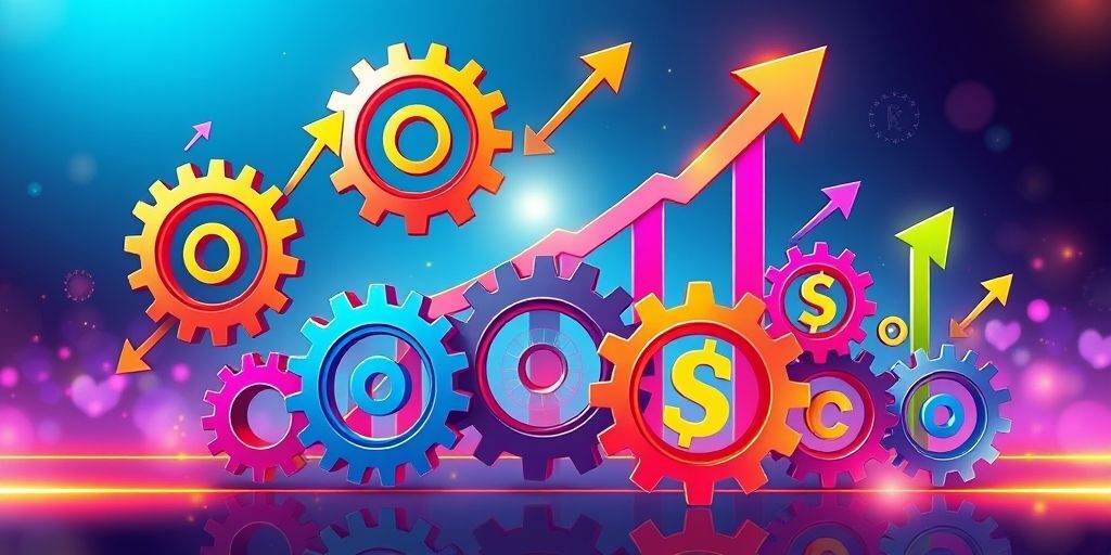 A vibrant illustration showing different business model types like subscription, marketplace, and freemium as interconnected gears, with upward trending arrows and currency symbols, representing growth and valuation.