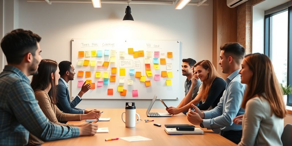 A startup team conducting a customer feedback session, with diverse participants sharing ideas on sticky notes on a whiteboard, emphasizing customer-centric business model refinement.