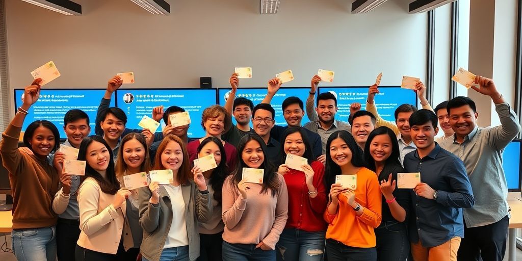 A diverse group of people smiling while holding up gift cards, standing in front of computer screens showing positive customer feedback and 5-star ratings, representing user engagement.