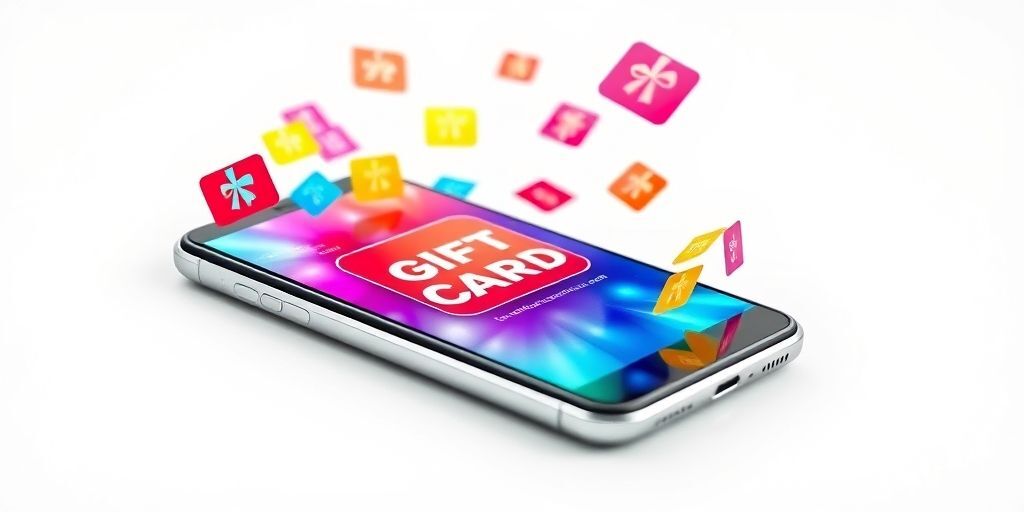 A smartphone displaying a colorful in-app advertisement offering a gift card reward, surrounded by floating gift card icons in vibrant colors against a clean white background, symbolizing instant gratification and user engagement.