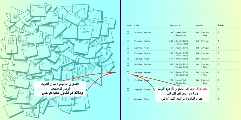 A split-screen comparison showing a cluttered WordPress database vs. an optimized one, with Persian tooltips explaining optimization steps like cleaning revisions and repairing tables.