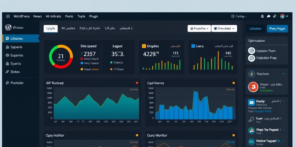A Persian-language WordPress dashboard showing popular optimization plugins like WP Rocket and Query Monitor with performance graphs and optimization options visible.