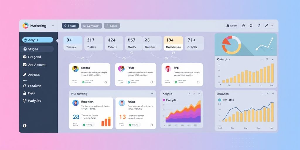 A modern marketing dashboard showing a drip campaign flow with interconnected customer journey stages, personalized email templates and analytics graphs in Persian language, 3D render with vibrant colors.