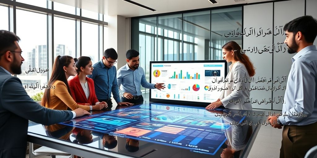 A diverse team of marketers analyzing customer data on a large interactive touchscreen, with Persian text overlays showing demographic statistics and engagement metrics.