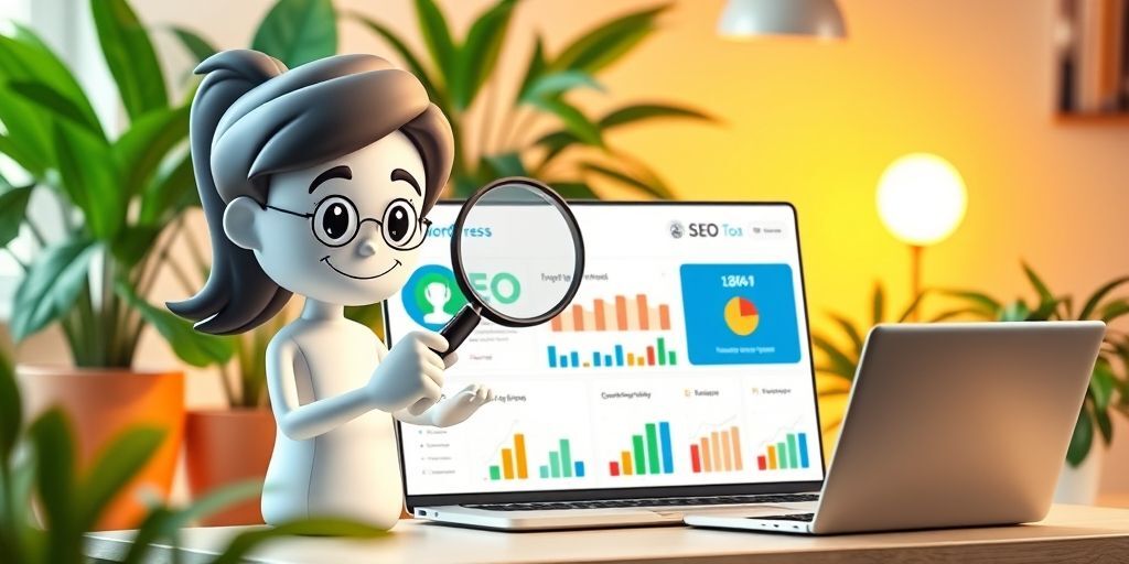 A friendly digital assistant holding a magnifying glass over a WordPress dashboard, highlighting SEO tools with colorful icons and graphs, in a bright workspace with plants and a laptop.