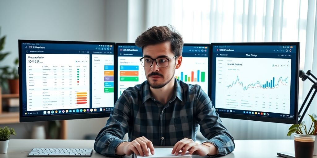 A beginner WordPress user comparing three different SEO plugin dashboards side by side on a large monitor, showing features like readability analysis, keyword suggestions, and traffic graphs.