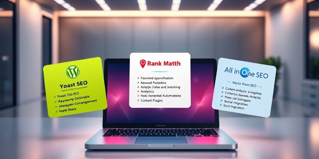 Three distinct WordPress plugin cards floating above a laptop: Yoast SEO with green icon, Rank Math with red icon, and All in One SEO with blue icon, each showing key features in Persian.
