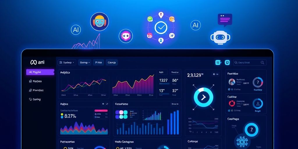 A modern WordPress dashboard with AI plugin icons floating above it, showing analytics graphs, chatbot interfaces, and content optimization tools in a futuristic blue theme.