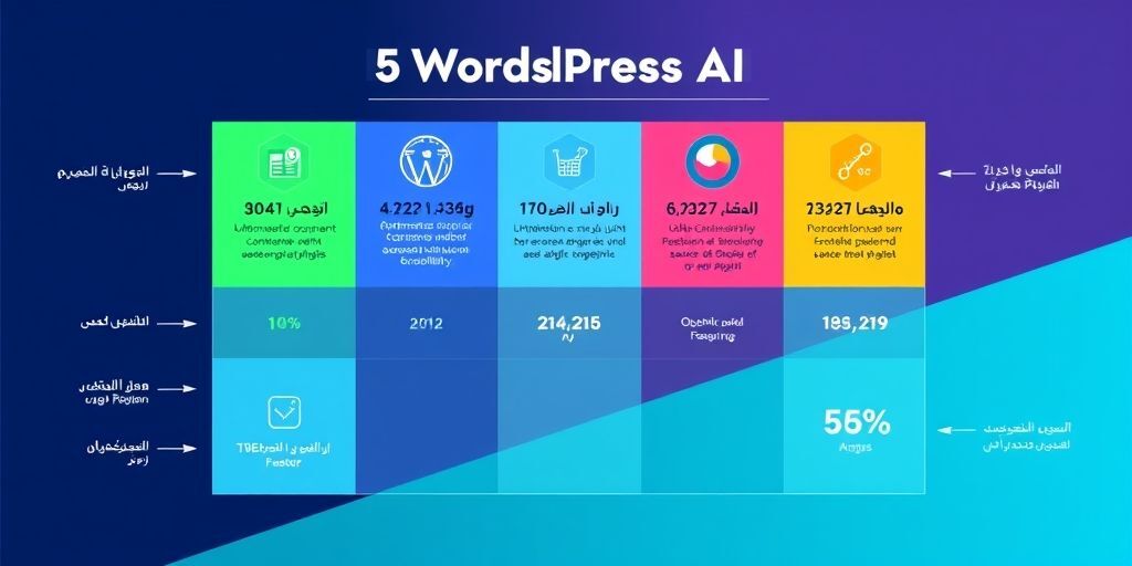 A comparison chart showing 5 top WordPress AI plugins with features like content generation, SEO scoring, and user engagement metrics in Persian language.