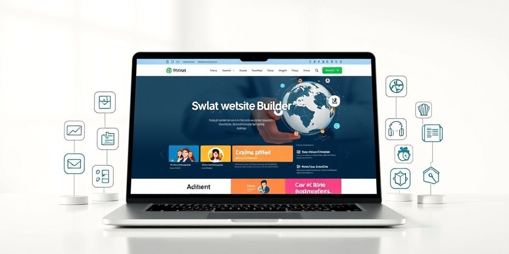 A modern laptop displaying a sleek WordPress website builder interface with Persian text, surrounded by icons representing different business types (e-commerce, blog, portfolio). The scene conveys professionalism and ease of customization.