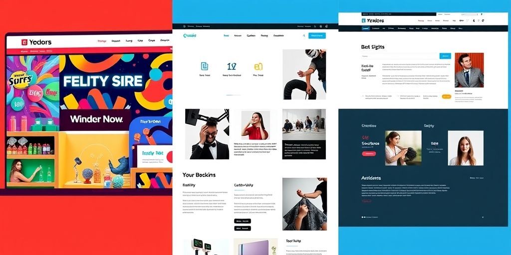 A split-screen comparison showing three distinct WordPress website layouts: a vibrant e-commerce store on the left, a clean blog layout in the center, and a professional corporate website on the right, highlighting their unique features.