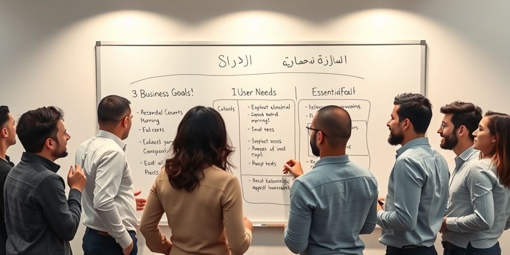 A diverse group of Persian business owners collaboratively analyzing website requirements on a whiteboard, with sections labeled "اهداف کسب‌وکار", "نیازهای کاربران", "امکانات ضروری". The atmosphere is focused and solution-oriented.