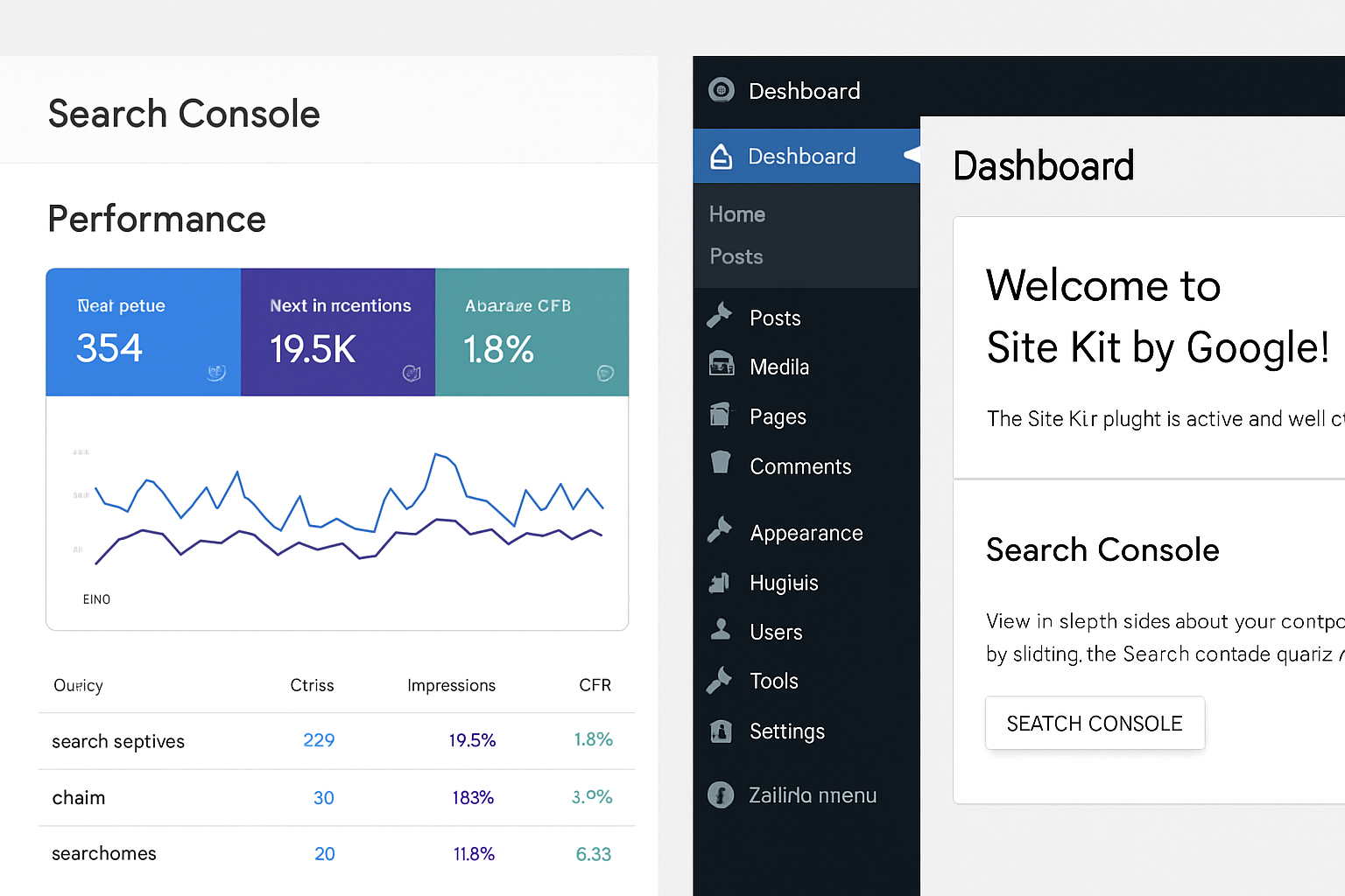 A split-screen image showing on the left, the Google Search Console interface with search performance data (queries, impressions, CTR) and on the right, a WordPress dashboard with the Site Kit plugin active, highlighting the integration between the two platforms.