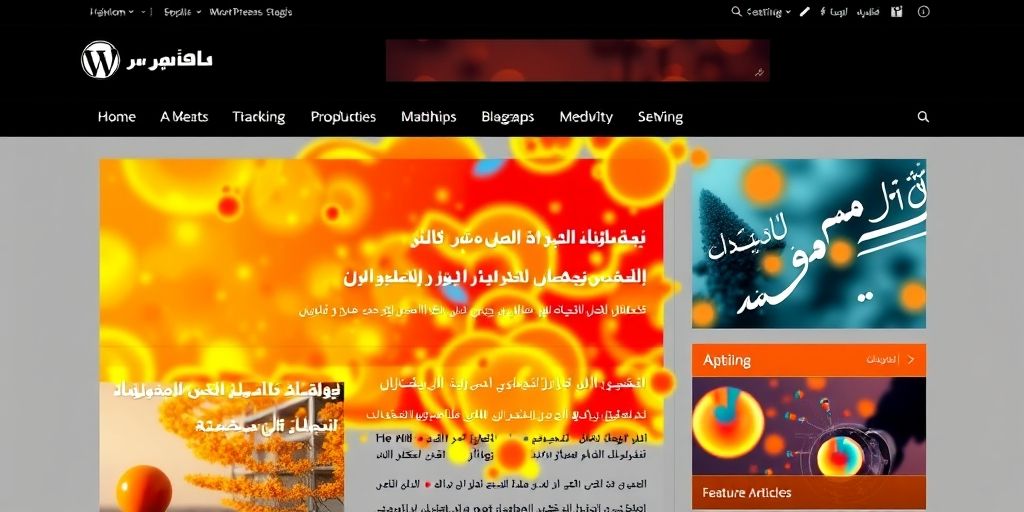 A vibrant heatmap overlay on a Persian-language WordPress blog layout, showing red and orange hotspots where users click most frequently on navigation menus and featured articles, with cooler blue areas indicating less interaction.