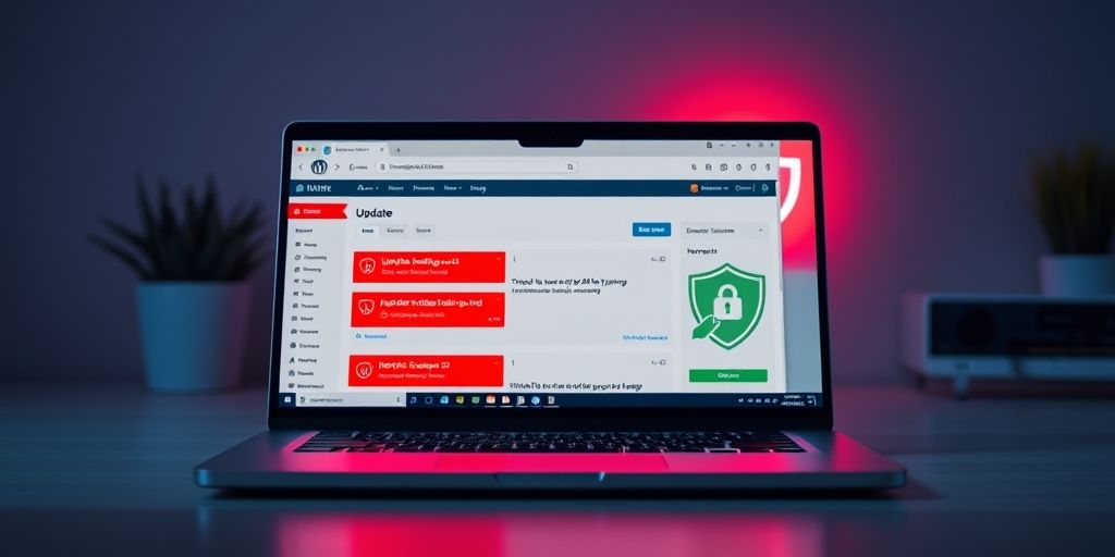 A modern laptop showing WordPress dashboard with update notifications highlighted in red, security shield icon glowing in the background, symbolizing urgency of updates.