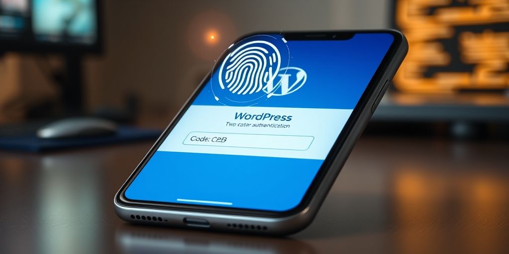 A smartphone displaying a WordPress login screen with two-factor authentication code being entered, fingerprint scan animation overlay.