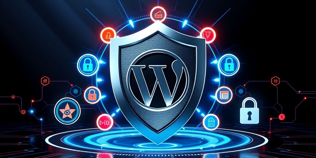 A 3D render of a fortress shield protecting a WordPress logo, surrounded by security badges and encryption symbols.