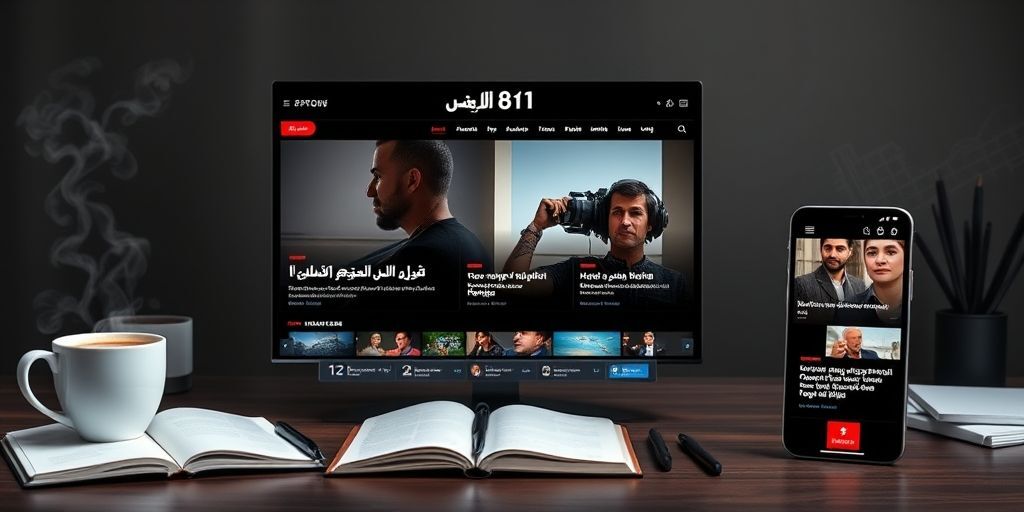 A modern Persian news website on desktop and mobile screens, showing a clean layout with bold headlines, categorized sections, and multimedia integration, surrounded by coffee cups and notebooks to convey a professional editorial environment.