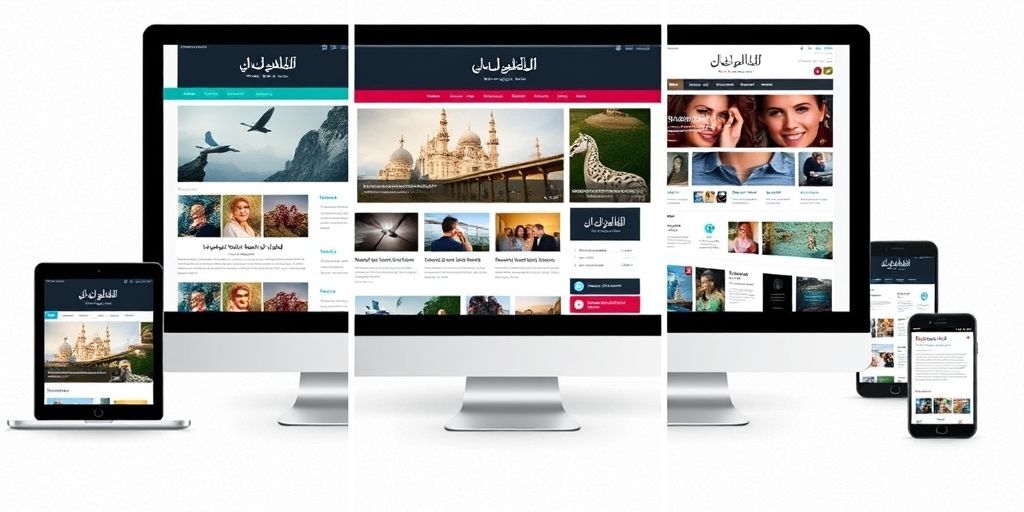 Side-by-side comparison of three different WordPress themes on multiple devices, highlighting their unique layouts, typography choices, and color schemes suitable for Persian content.