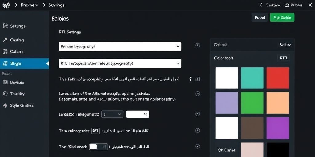A web designer customizing a WordPress theme interface with Persian typography settings, RTL layout options, and color palette tools, with a style guide visible in the background.