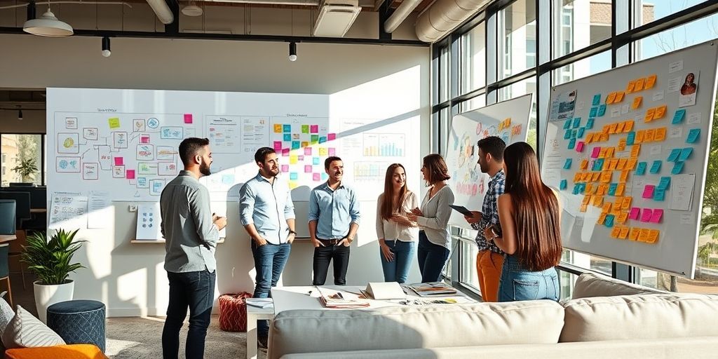 A diverse team of young startup founders brainstorming marketing ideas in a modern co-working space, surrounded by whiteboards filled with colorful diagrams and sticky notes, conveying collaboration and innovation.