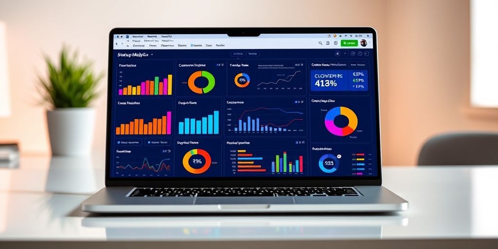 A startup marketing dashboard on a laptop screen showing key metrics like conversion rates, customer acquisition cost, and ROI, with colorful graphs and charts, symbolizing data-driven decision making.