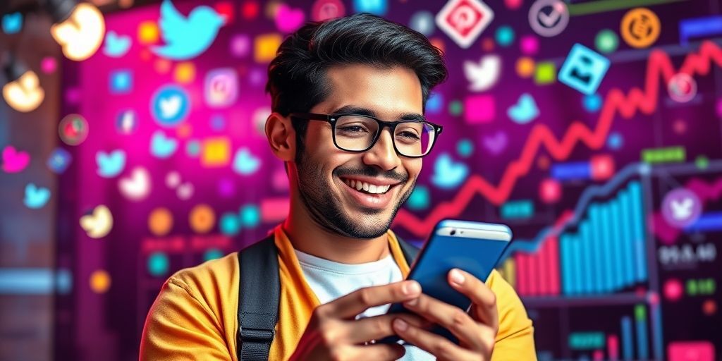 A startup founder smiling while looking at a smartphone showing a significant increase in engagement metrics on social media, with a vibrant background of social media icons and graphs.