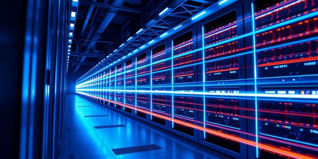 A 3D render of a high-speed server rack with glowing blue lights, data packets flowing between servers, representing optimized hosting infrastructure.