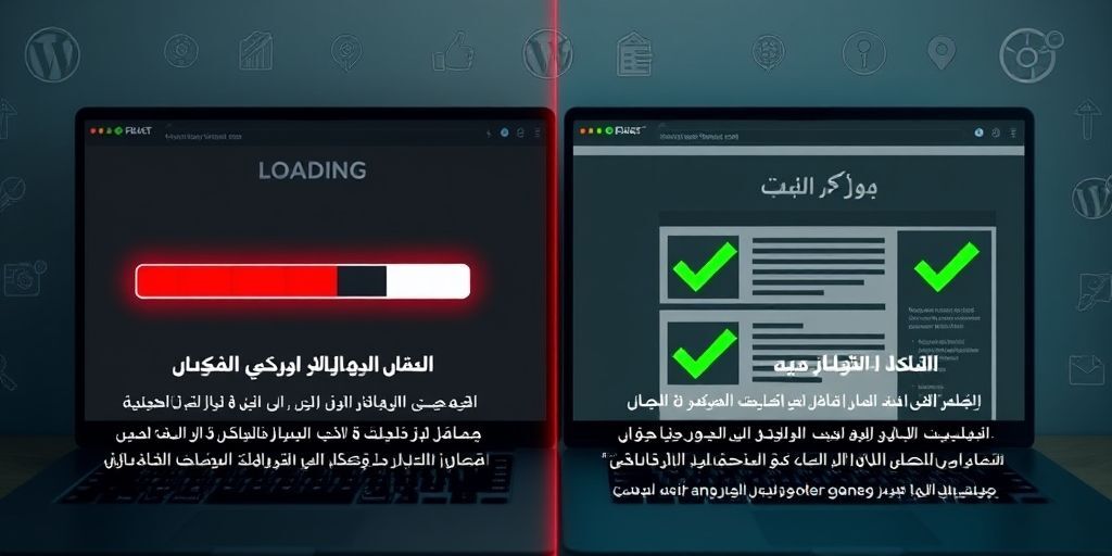 A split-screen comparison showing a slow WordPress site (red loading bar) vs optimized version (green checkmarks), with Persian text overlay explaining performance metrics.
