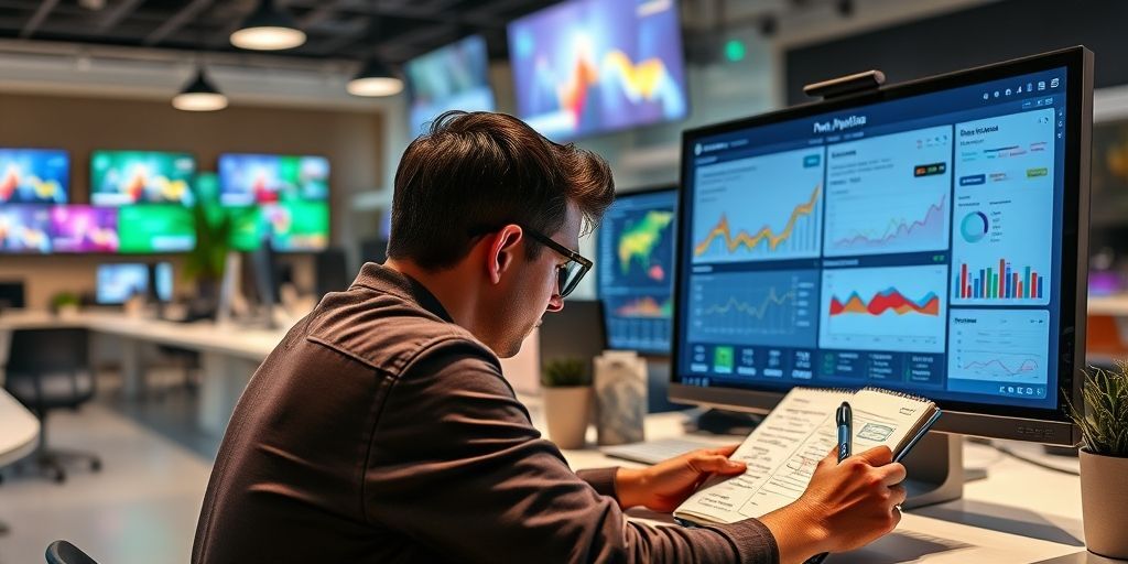 A person intensely analyzing colorful website analytics dashboards on a large monitor, showing traffic sources, keyword rankings, and user behavior metrics, with a notebook filled with handwritten insights next to the keyboard.