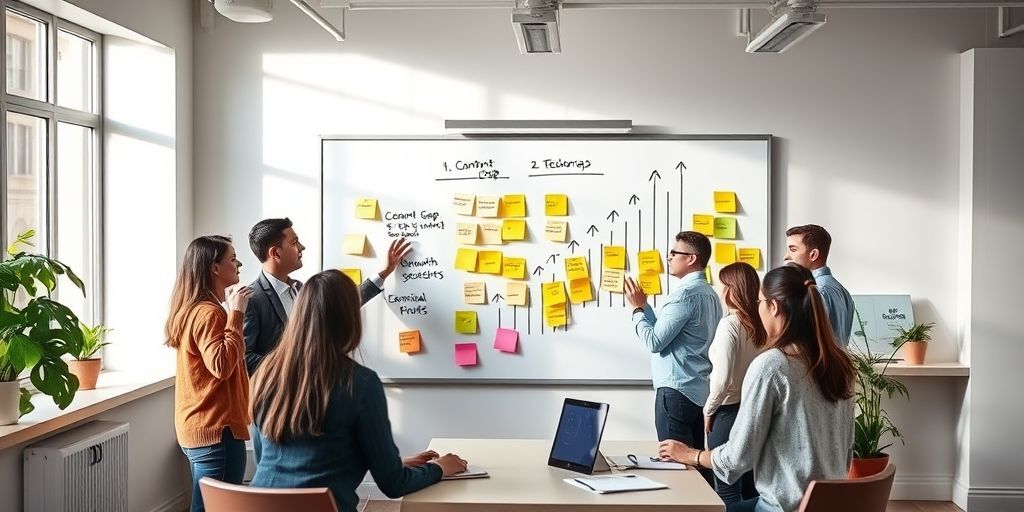 A diverse team collaboratively brainstorming SEO strategies on a whiteboard covered in sticky notes with words like "User Intent", "Content Gap", "Technical Fix", and upward trending arrows, in a modern office setting.