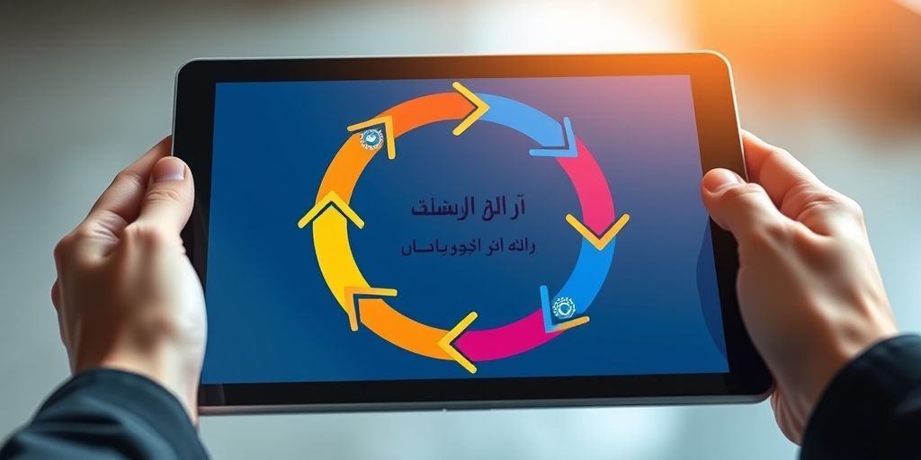 A circular diagram made of arrows, labeled in Persian: "تحلیل داده", "اجرای تغییرات", "پایش نتایج", "تنظیم استراتژی". The diagram is on a tablet screen held by hands, symbolizing continuous improvement.