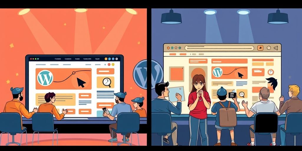 A split-screen comparison showing a fast-loading WordPress website on the left with happy users and a slow-loading site on the right with frustrated visitors, highlighting the impact of speed on user experience.
